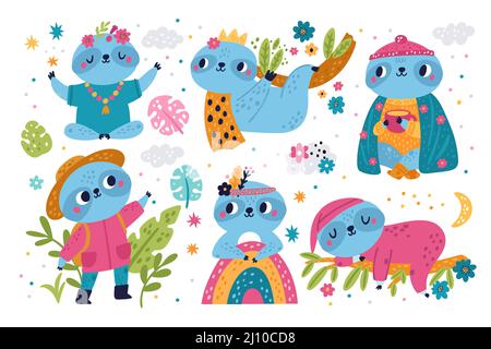 Cute sloths characters. Lazy animals. Tropical plants flowers and leaves. Rainforest wildlife. Different poses. Meditation and sleep. Creature hanging Stock Vector