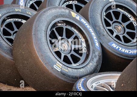 Closeup of the racing wheels on the racing circuit Stock Photo