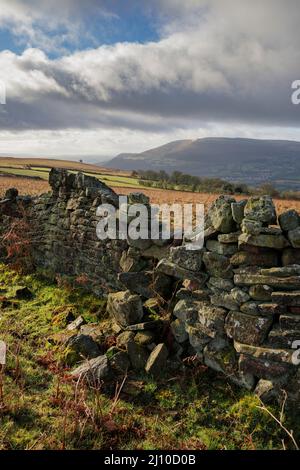 Crumbling stone wall in the South Wales Mountains. Stock Photo