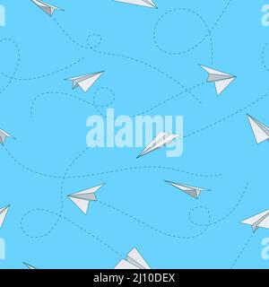 Paper plane seamless pattern. White airplanes with trajectory dotted lines. Flying origami objects. Launch light aeroplanes. Aviation flight path Stock Vector