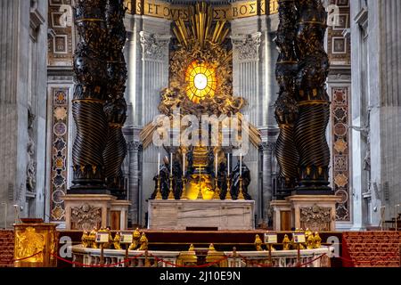 Rome, Italy - May 27, 2018: Presbytery and apse with St. Peter's Cathedra Petri within Blessed Sacrament Chapel in St. Peter's Basilica in Vatican Stock Photo