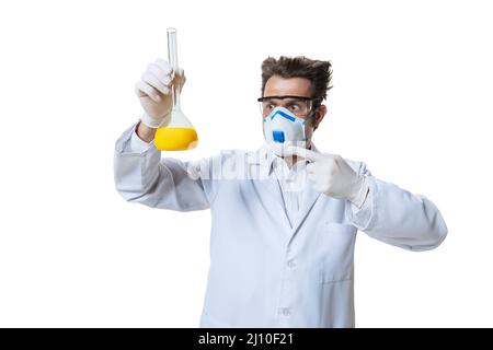 Young chemist, doctor wearing white gown, face mask and gloves conducts chemical research isolated on white background. Concept of healthcare Stock Photo