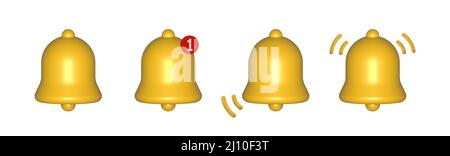 3d notification bells front view set isolated on white background. 3d render. Stock Vector
