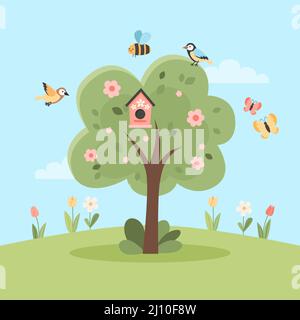 Cherry blossom tree, welcome spring card with cute elements. Hand drawn flat cartoon elements. Vector illustration Stock Vector