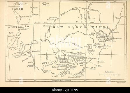 Map of New South Wales and Victoria, Australia 1908 from the book ROMANCE OF EMPIRE : AUSTRALIA BY W. H. LANG WITH TWELVE REPRODUCTIONS FROM ORIGINAL DRAWINGS IN COLOUR BY G. W. LAMBERT Series Edited by John Lang Published London and Edinburgh : T. C. & E. C. Jack in 1908 Stock Photo