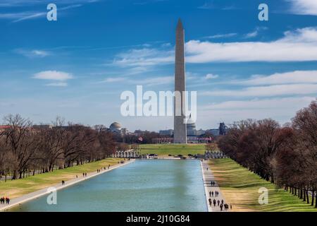 Washington Monument at spring sunny day from new reflecting pool by Lincoln Memorial, Washington DC, USA. Stock Photo