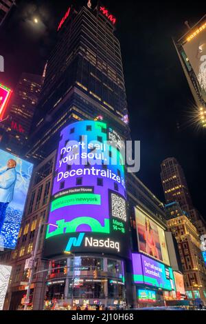 NASDAQ building at night in Time Square, New York, USA Stock Photo