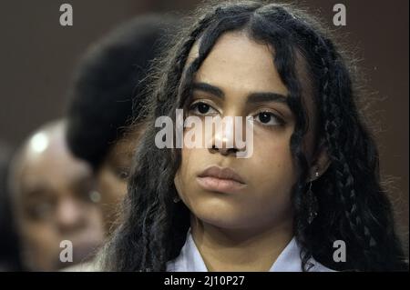 Washington, United States. 21st Mar, 2022. Leila Jackson listens to opening statements during the Senate Judiciary Committee confirmation hearing for her mother, Ketanji Brown Jackson, a federal judge President Joe Biden has nominated for the Supreme Court, on Capitol Hill in Washington DC, Monday, March 21, 2022. Jackson has been nominated to fill Supreme Court Justice Stephen Breyer's seat when he retires this summer. Photo by Ken Cedeno/UPI Credit: UPI/Alamy Live News Stock Photo