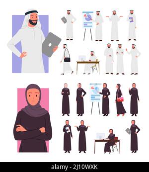 Saudi businesswoman and businessman in different gestures and poses set, woman and man Stock Vector