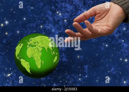 hands and green planet earth, earth day and green world concept Stock Photo