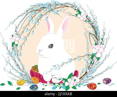 Cute illustration of Easter Bunny in the branches of flowering willow and apple tree flowers. Families celebrate Easter together. Happy Easter God Ble Stock Vector
