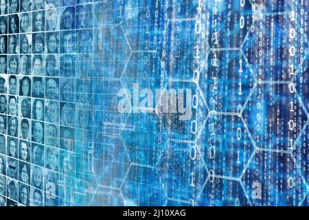 wall of people faces and binary code, social media concept Stock Photo