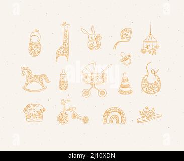 Set of baby stuff child, giraffe, toy, rabbit, doll, hat, horse, bottle, milk, stroller, baby carriage, napkin, clothes, bicycle, thermometer drawing Stock Vector