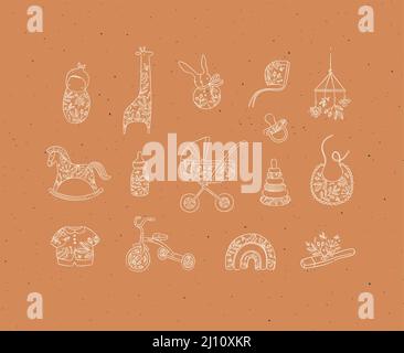 Set of baby stuff child, giraffe, toy, rabbit, doll, hat, horse, bottle, milk, stroller, baby carriage, napkin, clothes, bicycle, thermometer drawing Stock Vector