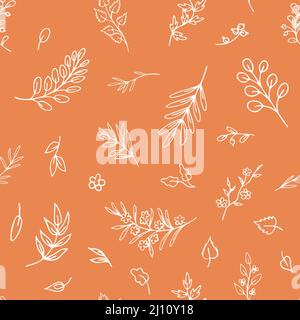 Seamless pattern made of white hand drawn leaves, branches, wild herbs on light orange background. Delicate contour sketch, botanical design for print Stock Photo