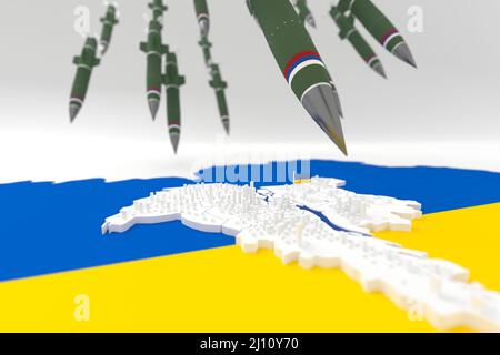 3d stylized schemitic map - Kyiv Kiev capital cyty of Ukraine under fire from ballistic missiles Stock Photo