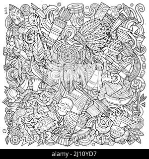 Native American hand drawn vector doodles illustration. Tribal poster design. Ethnicity elements and objects cartoon background. Sketchy funny picture Stock Vector