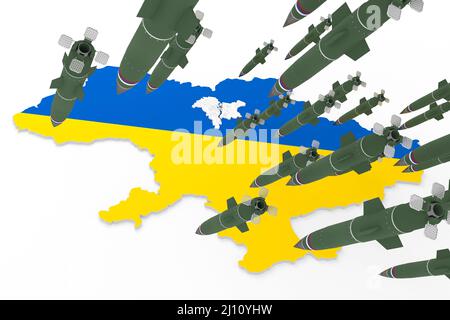 3d stylized schemitic map - Kyiv Kiev capital cyty of Ukraine under fire from ballistic missiles Stock Photo