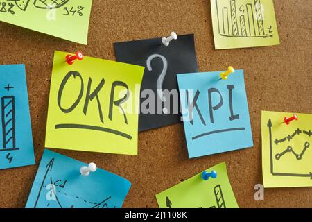 Memo sticks with OKR vs KPI words on the board. Stock Photo