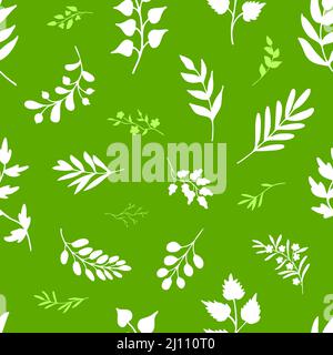 White and light green leaves, twigs on green background. Endless herbal pattern. Simple and nice eco sketch design for prints on paper, fabric Stock Vector