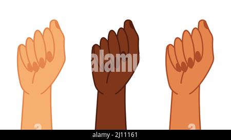 Three female hands are raised up. The concept of feminism, equality, freedom and women's rights. Vector modern illustration on a white background. Stock Vector