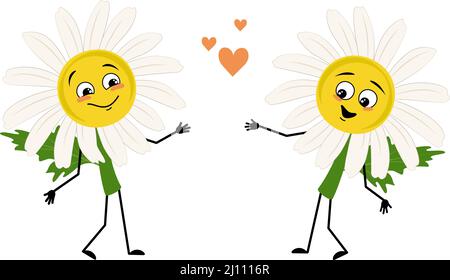 Chamomile character with love emotions, smile face, arms and legs. Person with happy expression, daisy flower hero. Vector flat illustration Stock Vector