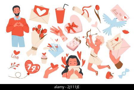 Valentines Day set, cute gift with hearts and ribbon in hands, flowers and balloons Stock Vector