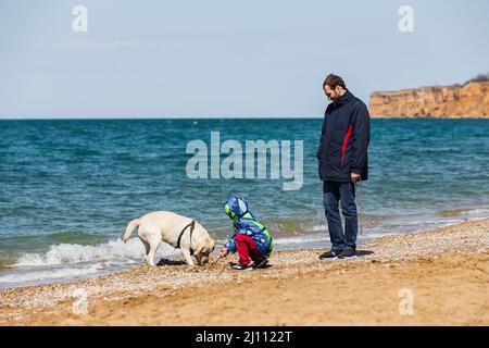 Father and son playing with a dog on the beach in winter Stock Photo