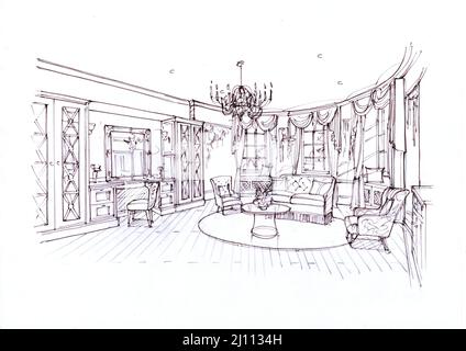 Illustration of a lounge furnished in a traditional style on a white background. Stock Photo