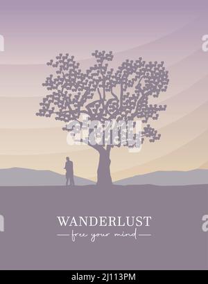 couple in love stands under a big tree at sunset Stock Vector