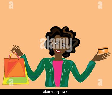 Illustration of a cute afro american woman with shopping bags and a credit card. Shopping Time. Stock Vector