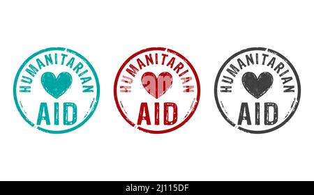 Humanitarian Aid stamp icons in few color versions. Help refugees, volunteering and rescue during the crisis concept 3D rendering illustration. Stock Photo