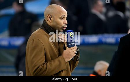 Thierry Henry comments for ' Prime Video' the French championship  Ligue 1 football match between Olympique de Marseille (OM) and AS Monaco  (ASM) on March 6, 2022 at Velodrome stadium in Marseille