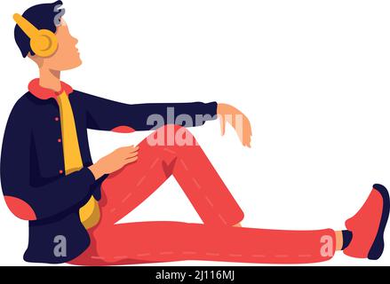 Carefree guy wearing wireless headphones semi flat color vector character Stock Vector