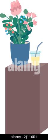 Wooden bedside with flowers and juice above semi flat color vector object Stock Vector