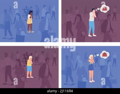 Panic episode in crowded space flat color vector illustration set Stock Vector