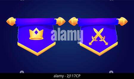 Set red hanging medieval banner flags with cloth texture and golden decoration, sword emblem and crown in cartoon style isolated on background. Ui game asset, heraldic design element,. Vector illustration Stock Vector