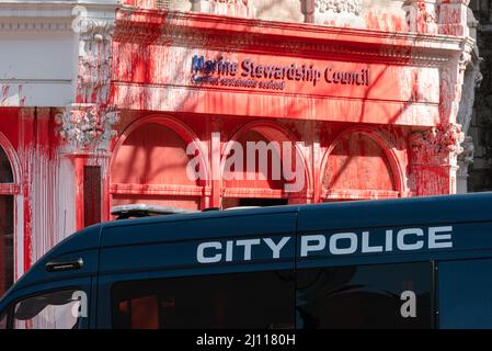 London, UK. 21 March 2022. Animal Rebellion activists sprayed the front of Marine Stewardship Council (MSC) headquarters red Stock Photo