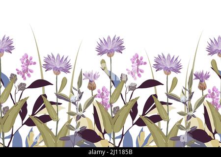 Vector floral seamless pattern, border. Horizontal panoramic design with purple cornflowers. Stock Vector