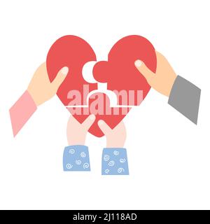 Lovely family make up puzzle heart. Loving mom, dad, and child hands holding pieces of heart. Vector illustration, isolated on white Stock Vector