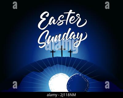 Easter Sunday, tomb and three cross on Calvary. Holy week greeting card with elegant lettering and cave on background. Vector illustration Stock Vector