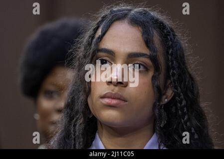 Washington, United States. 21st Mar, 2022. Leila Jackson listens to opening statements during the Senate Judiciary Committee confirmation hearing for her mother, Ketanji Brown Jackson, a federal judge President Joe Biden has nominated for the Supreme Court, on Capitol Hill in Washington DC, Monday, March 21, 2022. Jackson has been nominated to fill Supreme Court Justice Stephen Breyer's seat when he retires this summer. Photo by Ken Cedeno/UPI Credit: UPI/Alamy Live News Stock Photo