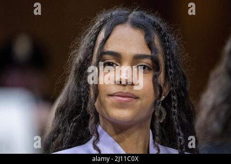 Washington, United States. 21st Mar, 2022. Leila Jackson listens to opening statements during the Senate Judiciary Committee confirmation hearing for her mother, Ketanji Brown Jackson, a federal judge President Joe Biden has nominated for the Supreme Court, on Capitol Hill in Washington DC, Monday, March 21, 2022. Jackson has been nominated to fill Supreme Court Justice Stephen Breyer's seat when he retires this summer. Photo by Ken Cedeno/UPI Credit: UPI/Alamy Live News Stock Photo