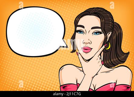 Trendy asian woman smiling face with thinking bubble, k-pop idol pop art retro comic style vector illustration Stock Vector