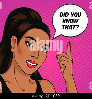 African American woman asking question Did You Know That? Wise woman teaching and explaining facts concept vector illustration in pop art retro comic Stock Vector