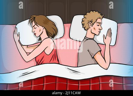 Angry married couple sleeping facing away from each other. Relationship problems concept vector illustration in retro pop art comics stye. Quarrel Stock Vector