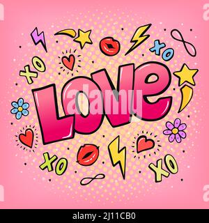 Love pop art hand drawn word bubble with lips, xo and stars in retro comics style Stock Vector