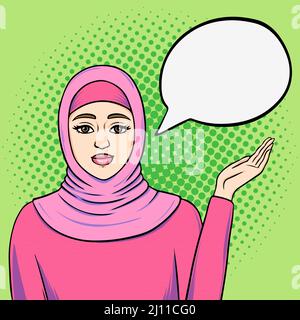 Happy young muslim woman in pink hijab showing with hand on empty speech cloud for your message, hand drawn vector illustration in retro pop art comic Stock Vector