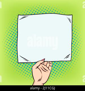 Female hand holding a white square paper vector illustration in pop art retro comics style Stock Vector