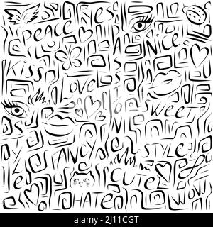 Black and white abstract seamless pattern with handwritten letters, lines and trendy items, vector illustration Stock Vector